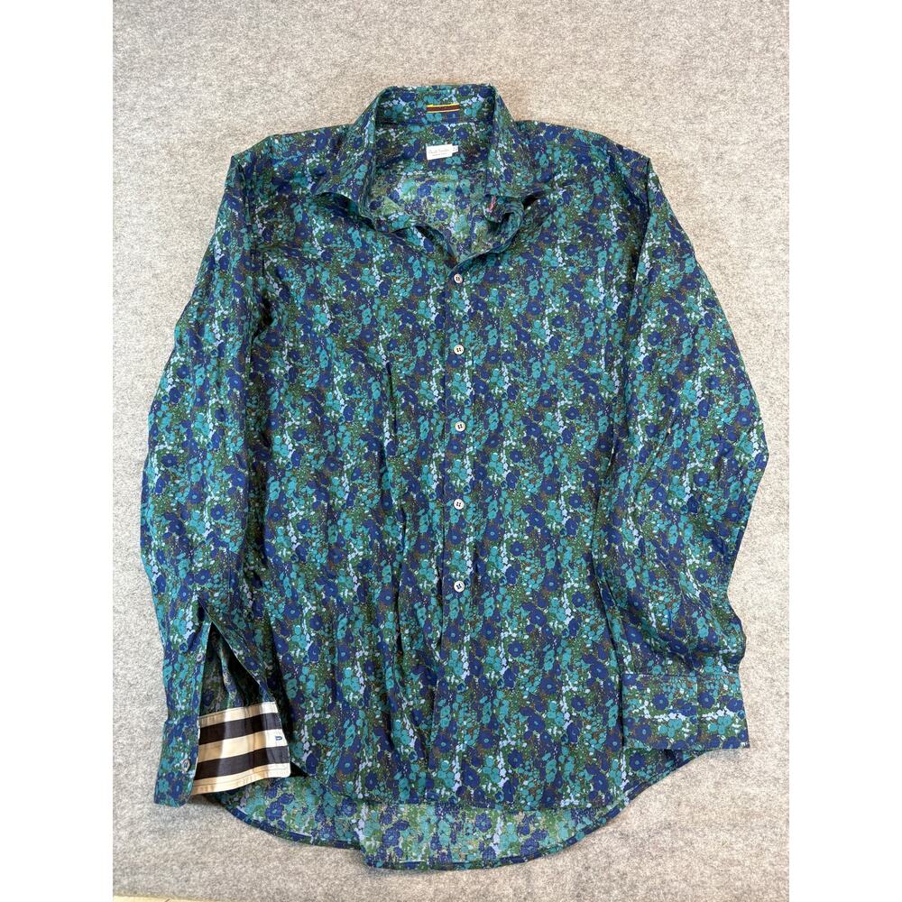 Paul Smith Dress Shirt Mens Size 17.5 Blue Green Floral Button Up Retro Preppy